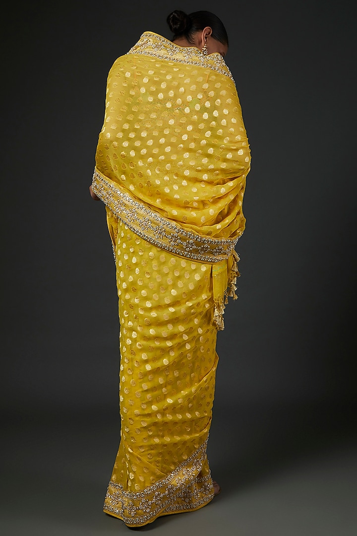 Yellow Bemberg Georgette Embroidered Reception Saree Set by Anita Dongre at Pernia's Pop Up Shop