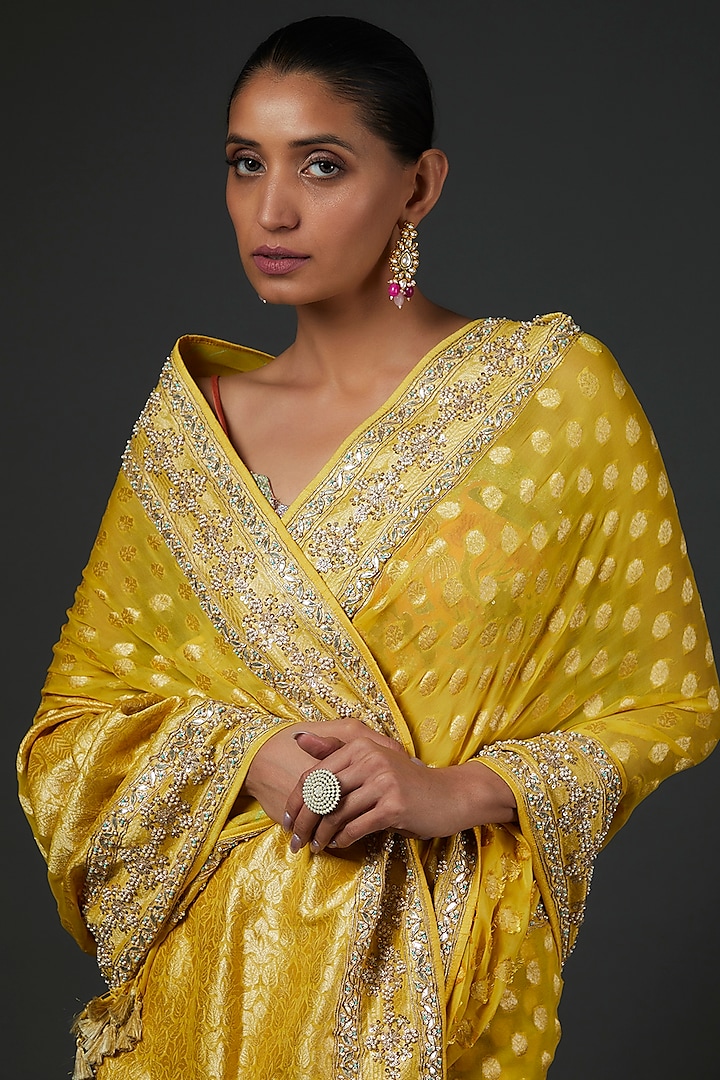 Yellow Bemberg Georgette Embroidered Reception Saree Set by Anita Dongre at Pernia's Pop Up Shop