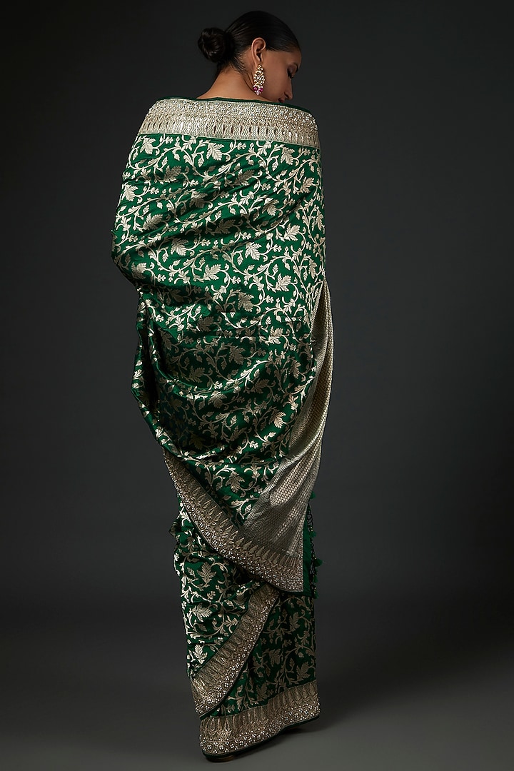 Emerald Green Banarasi Silk Hand Embroidered Reception Saree Set by Anita Dongre at Pernia's Pop Up Shop