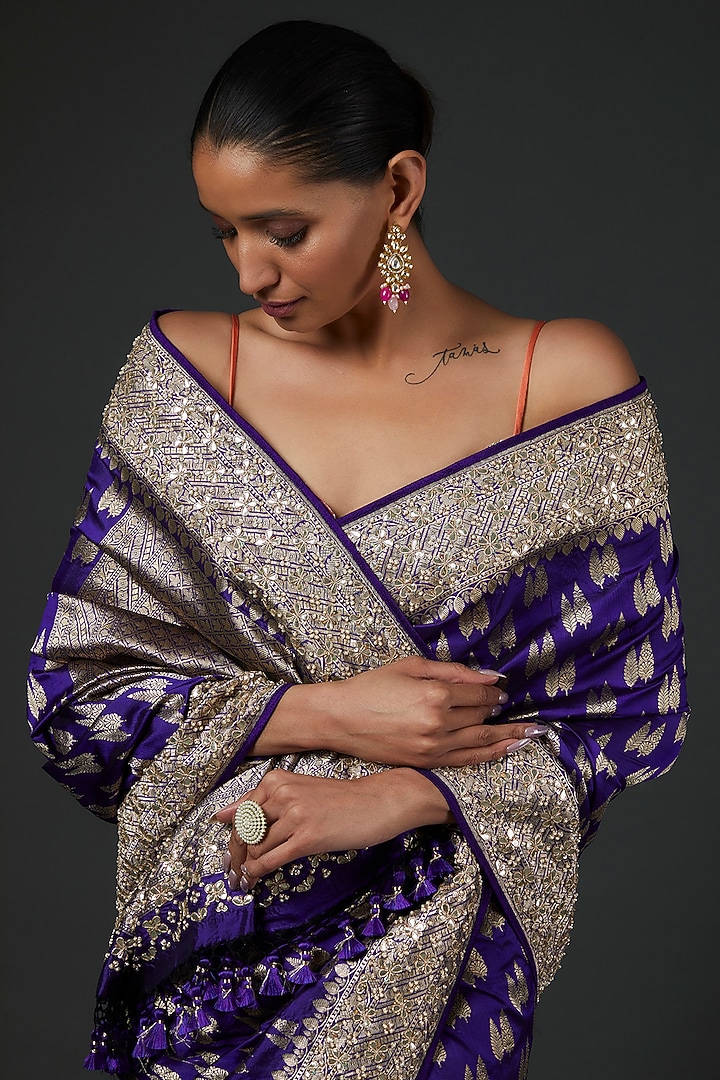 Electric Blue Banarasi Silk Hand Embroidered Reception Saree Set by Anita Dongre at Pernia's Pop Up Shop