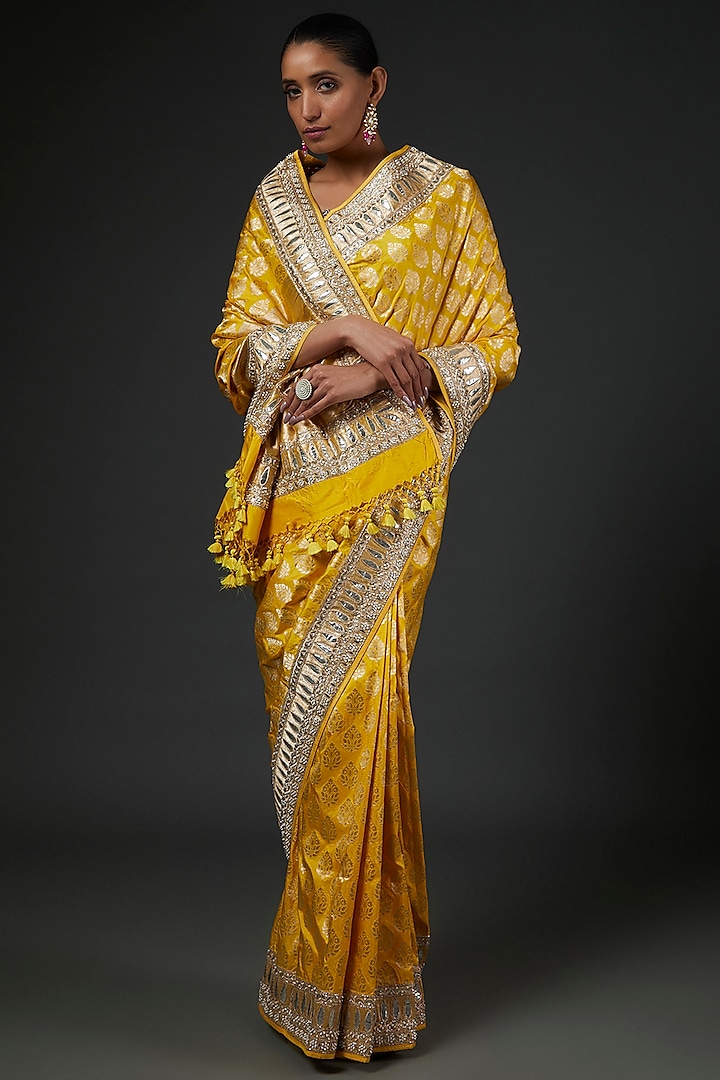 Yellow Banarasi Silk Hand Embroidered Saree Set by Anita Dongre