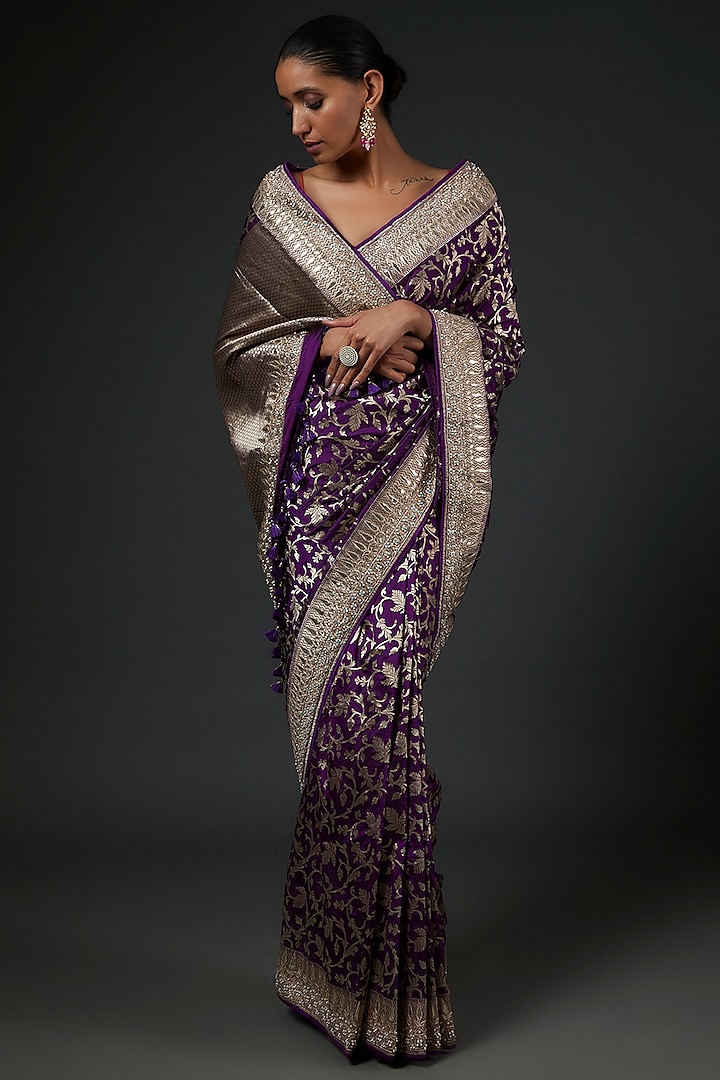 Purple Banarasi Silk Hand Embroidered Saree Set by Anita Dongre