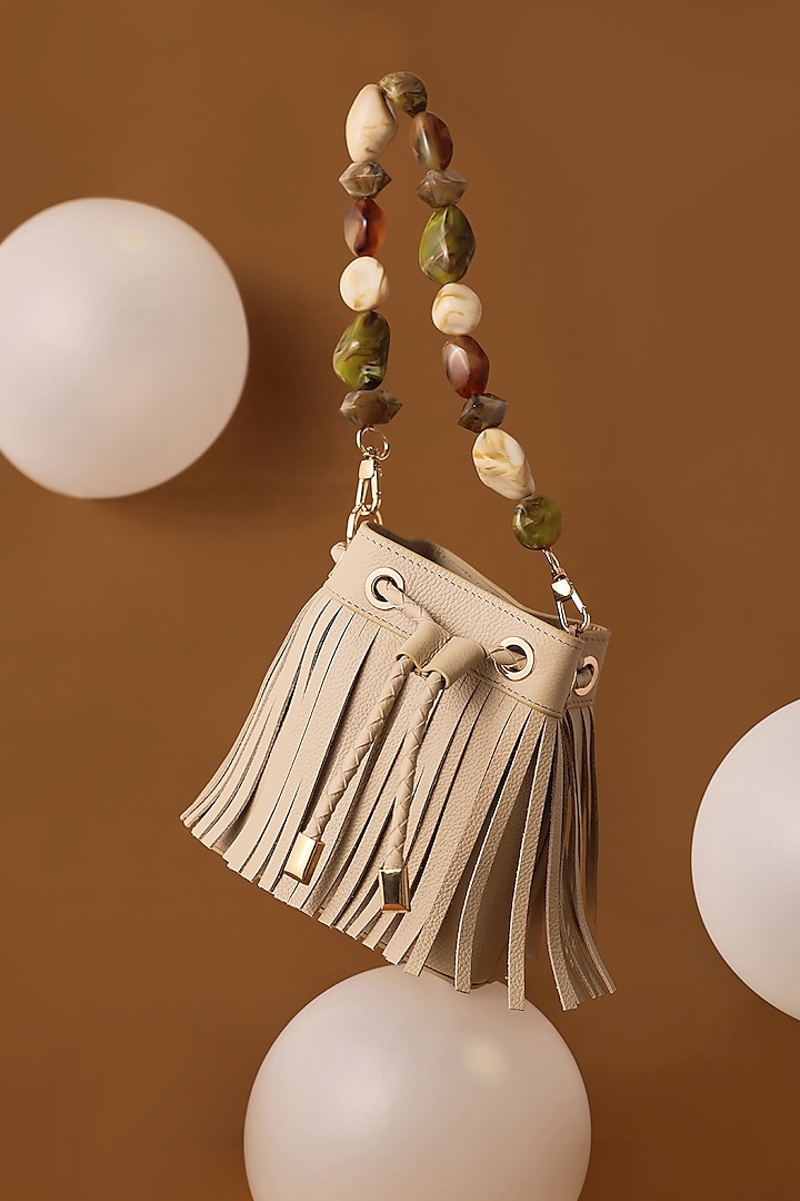 Beige Leather Fringed Boho Bucket Bag by And Also