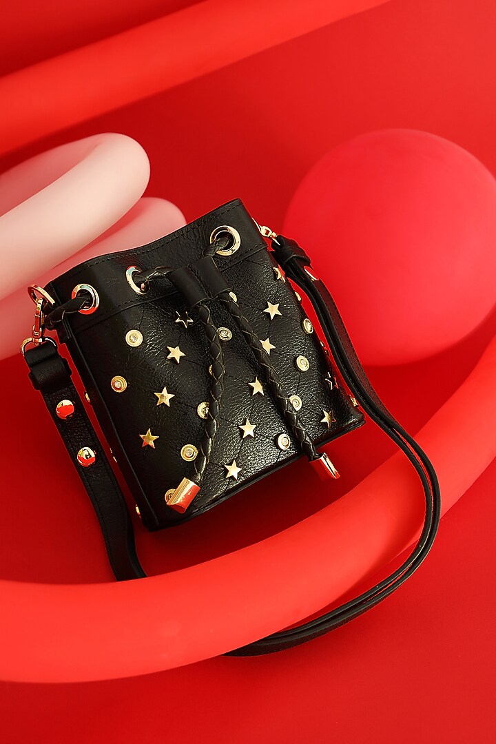 Black Leather Rockstar Bucket Bag by And Also at Pernia's Pop Up Shop