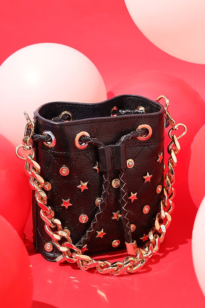 Black Leather Rockstar Bucket Bag by And Also at Pernia's Pop Up Shop