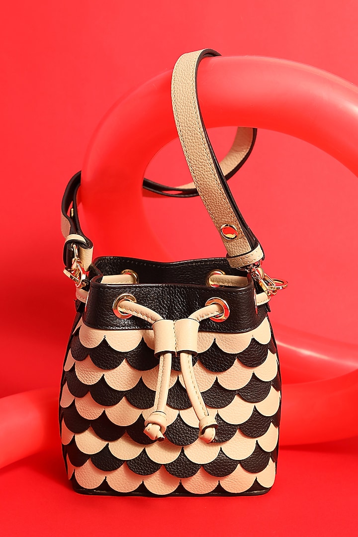 Black & White Leather Chess Board Bucket Bag by And Also