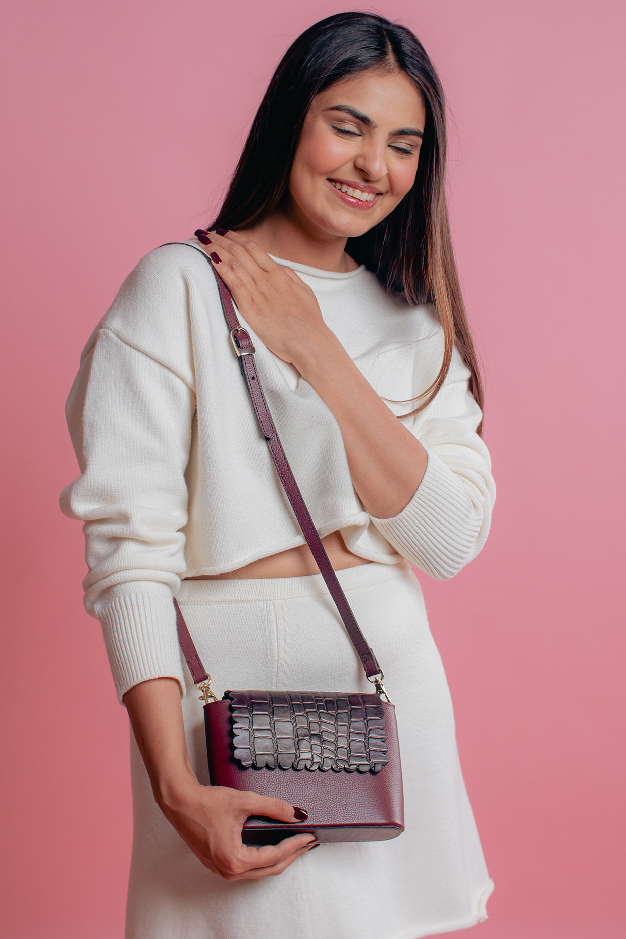 Burgundy Leather Printed Curve Bag by And Also at Pernia's Pop Up Shop