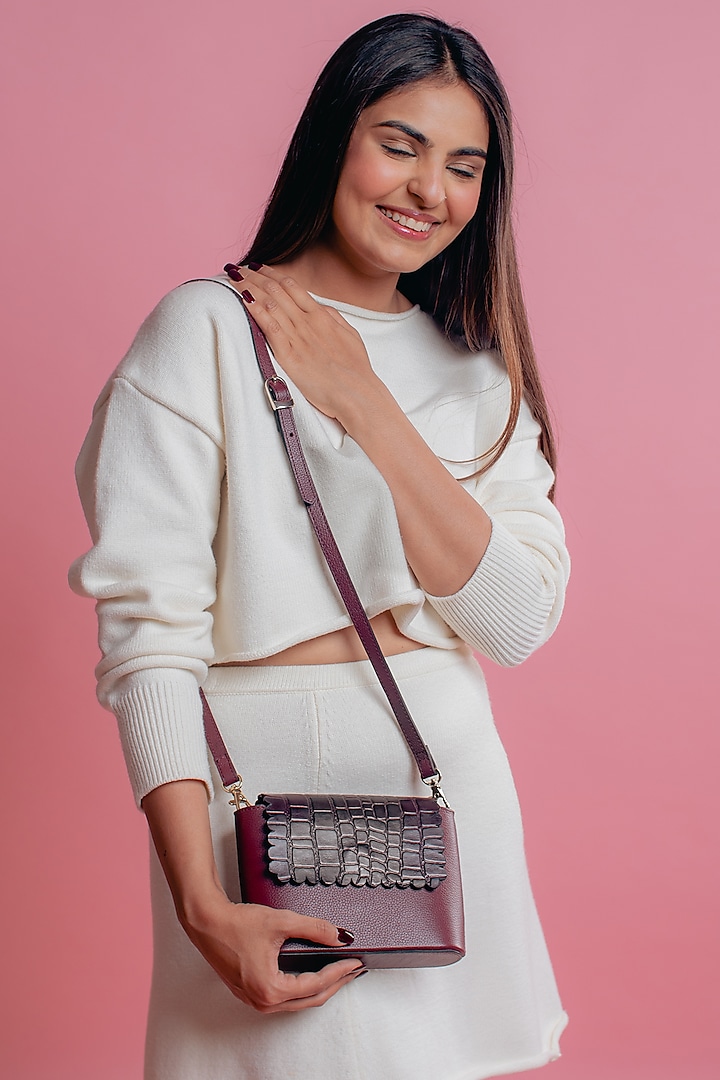 Burgundy Leather Printed Curve Bag by And Also at Pernia's Pop Up Shop