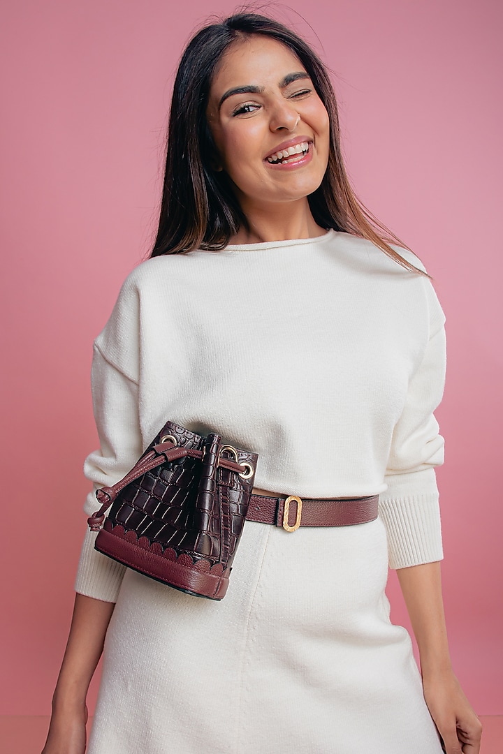 Burgundy Leather Printed Bucket Bag by And Also