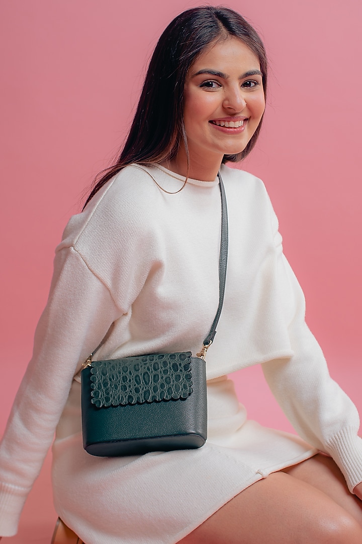 Emerald Leather Printed Curve Bag by And Also at Pernia's Pop Up Shop