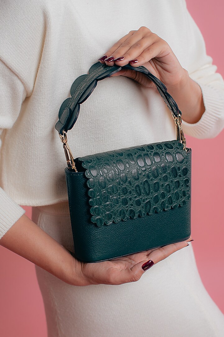 Emerald Leather Printed Curve Bag by And Also at Pernia's Pop Up Shop