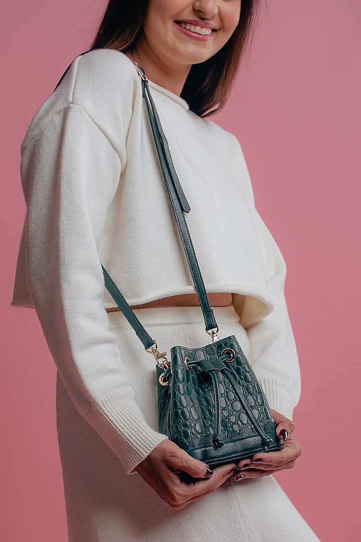 Emerald Leather Printed Bucket Bag by And Also at Pernia's Pop Up Shop