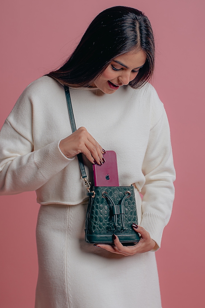 Emerald Leather Printed Bucket Bag by And Also at Pernia's Pop Up Shop
