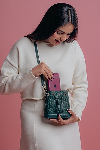 Emerald Leather Printed Bucket Bag by And Also