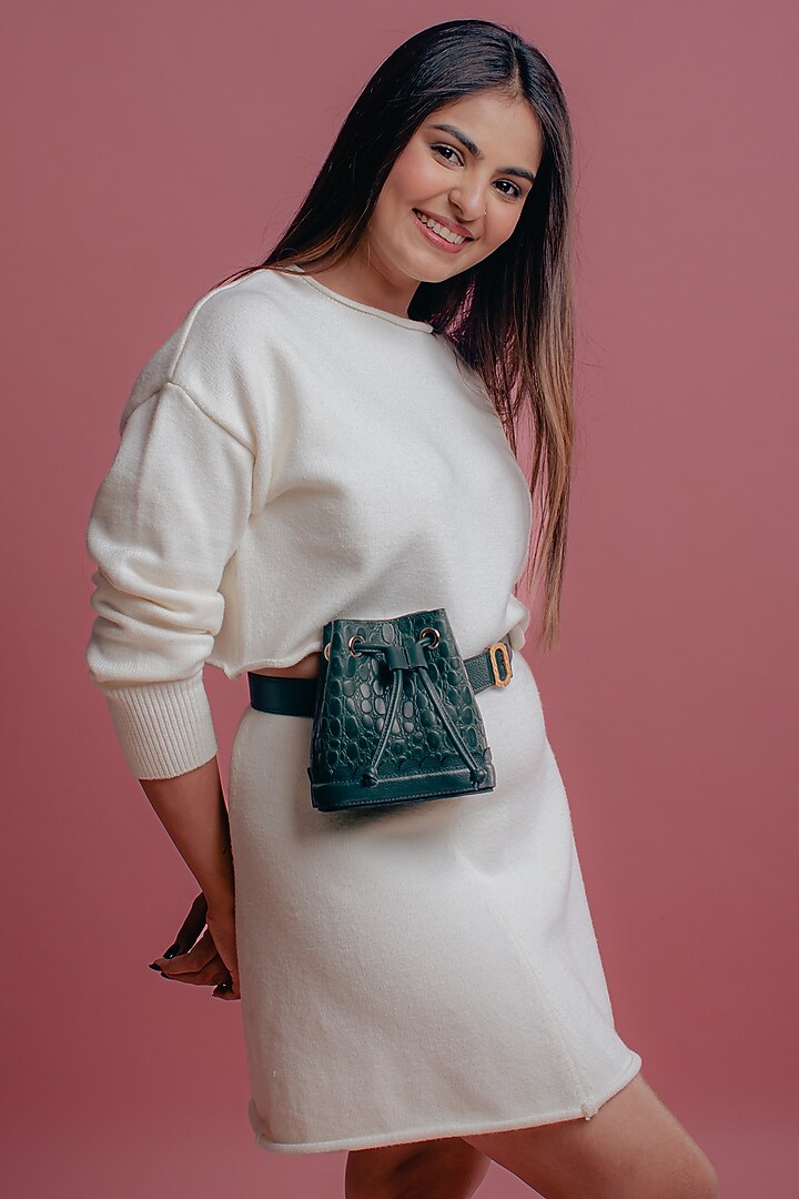 Emerald Leather Printed Bucket Bag by And Also at Pernia's Pop Up Shop