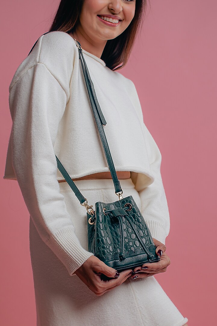 Emerald Leather Printed Bucket Bag by And Also at Pernia's Pop Up Shop