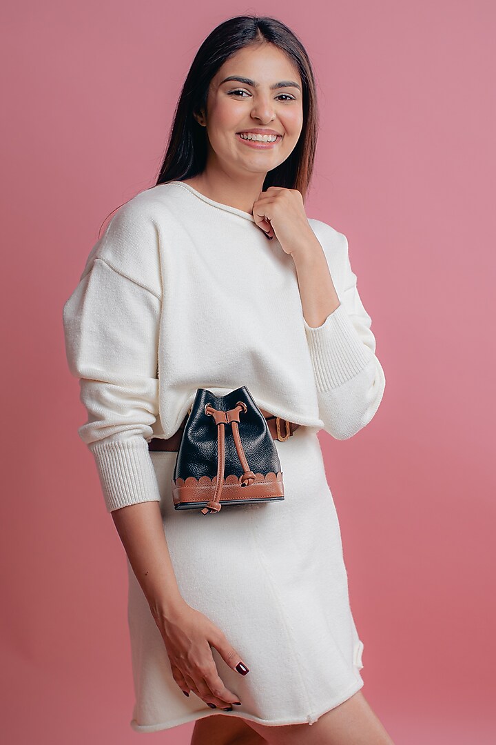 Black & Tan Leather Printed Bucket Bag by And Also at Pernia's Pop Up Shop