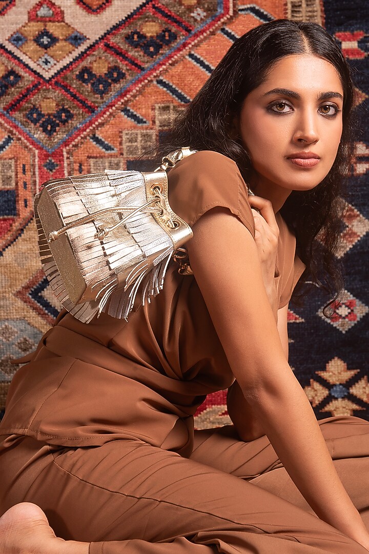 Multimetal Leather Fringes Bucket Bag by And Also at Pernia's Pop Up Shop