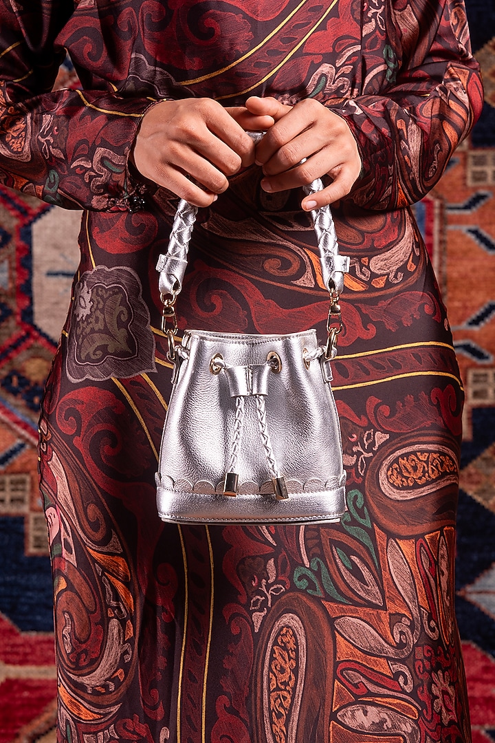 Silver Leather Fringes Bucket Bag by And Also at Pernia's Pop Up Shop