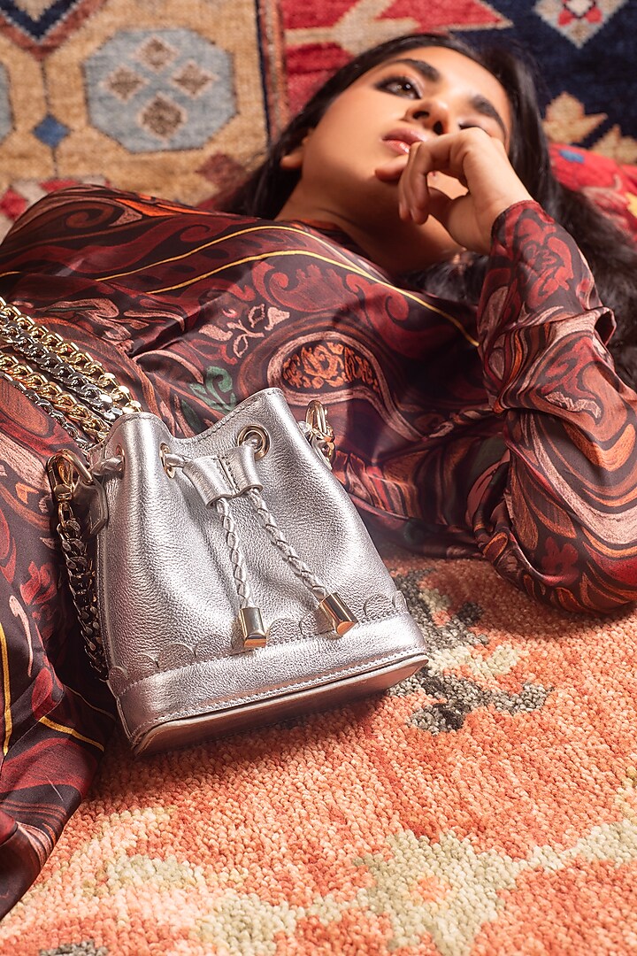 Silver Leather Fringes Bucket Bag by And Also at Pernia's Pop Up Shop