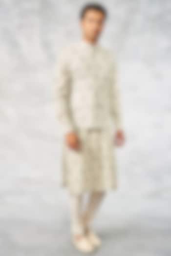 Off-White Printed Bundi Jacket With Kurta Set by Anita Dongre Men