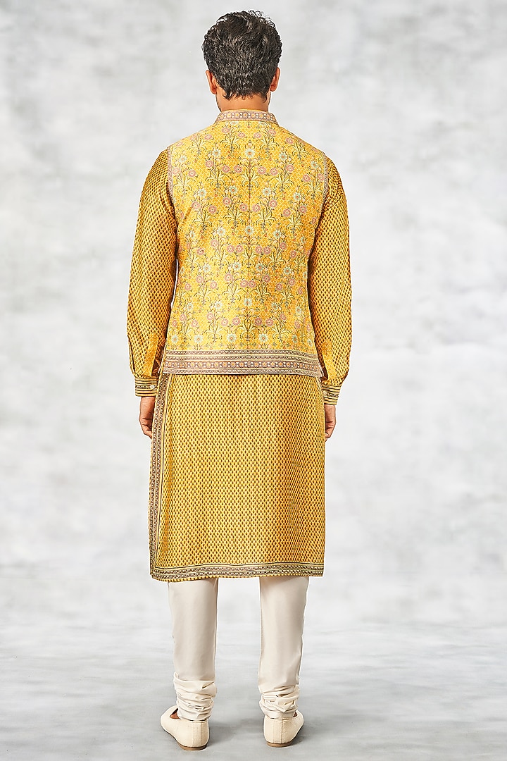 Mustard Printed Bundi Jacket by Anita Dongre Men at Pernia's Pop Up Shop