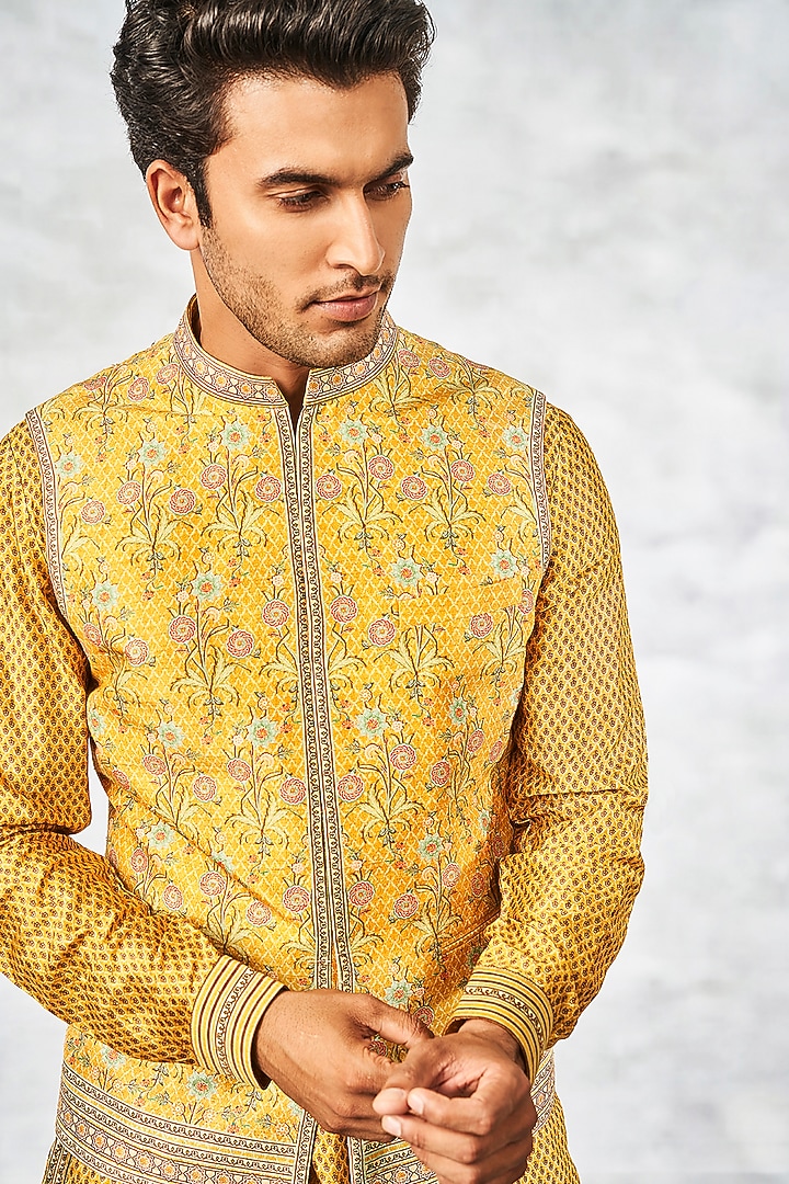 Mustard Printed Bundi Jacket by Anita Dongre Men at Pernia's Pop Up Shop