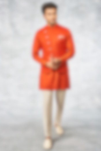 Orange Cotton Linen Bundi Jacket by Anita Dongre Men