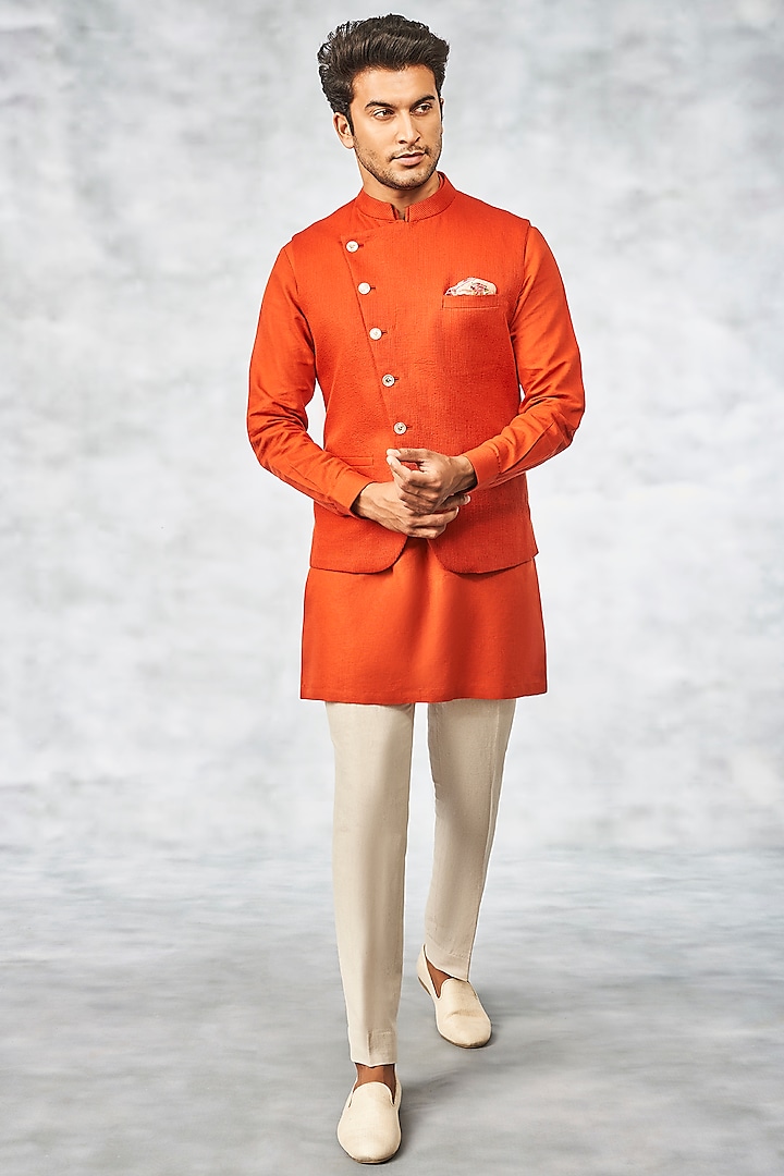 Orange Cotton Linen Bundi Jacket by Anita Dongre Men