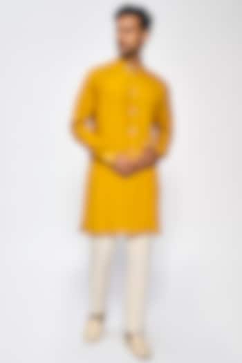 Mustard Rayon Flex, Cotton & Viscose Kurta by Anita Dongre Men