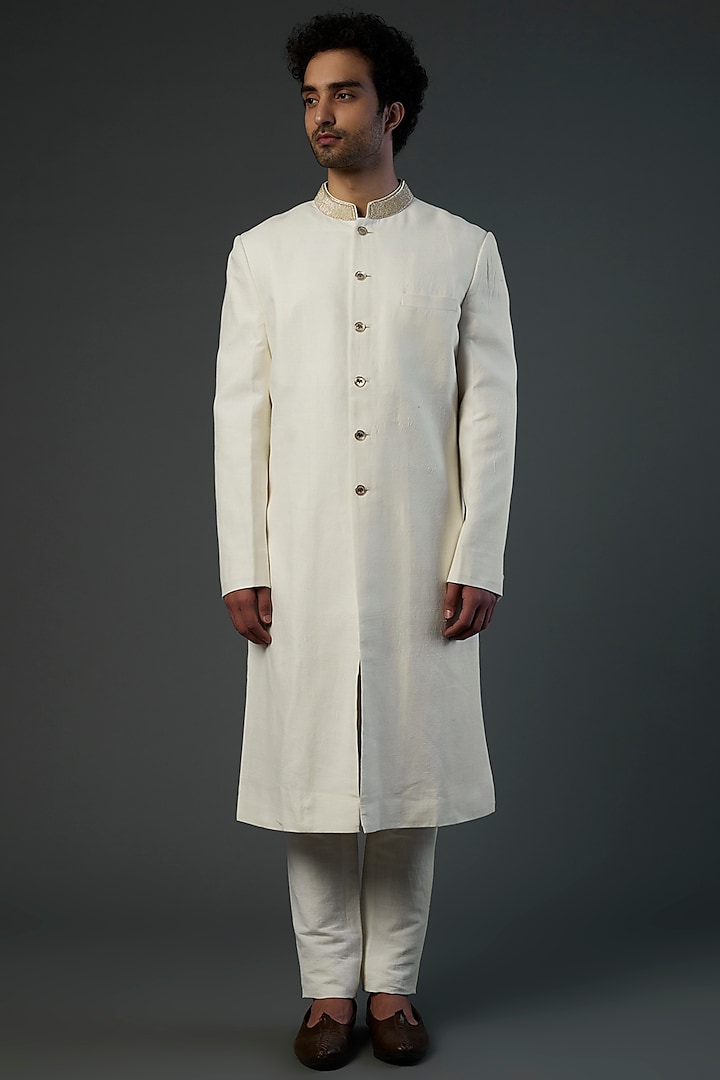 White Embroidered Sherwani Set by Anita Dongre Men