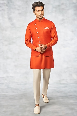 Orange Kurta Set With Bundi Jacket by Anita Dongre Men
