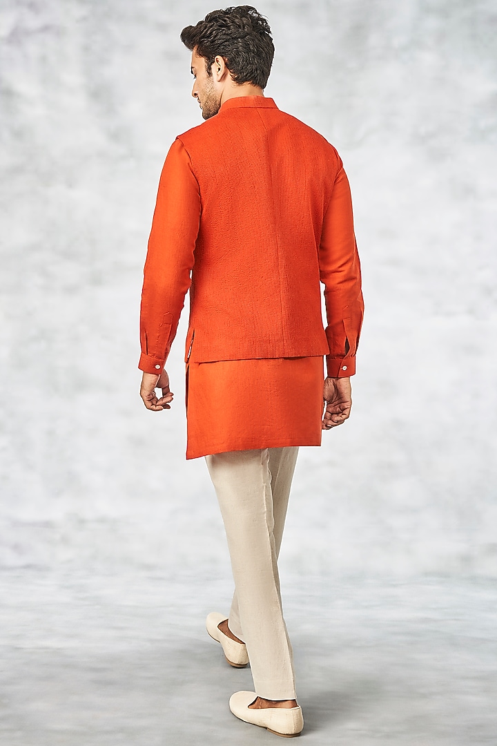 Orange Kurta Set With Bundi Jacket by Anita Dongre Men at Pernia's Pop Up Shop