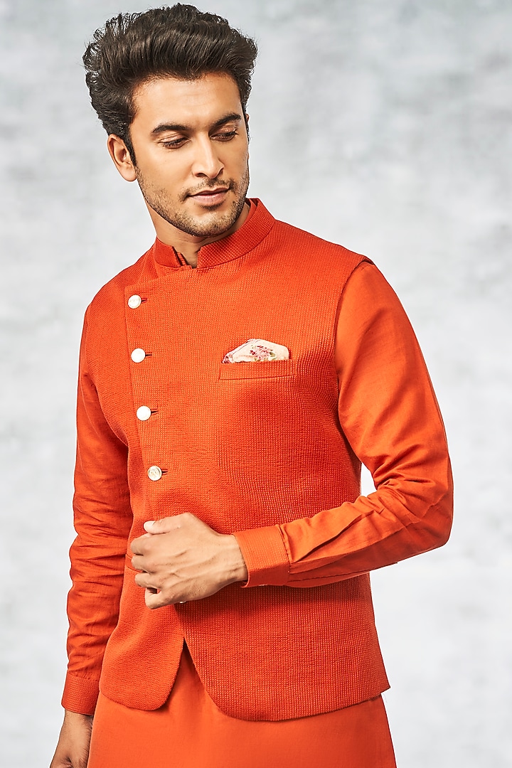 Orange Kurta Set With Bundi Jacket by Anita Dongre Men at Pernia's Pop Up Shop