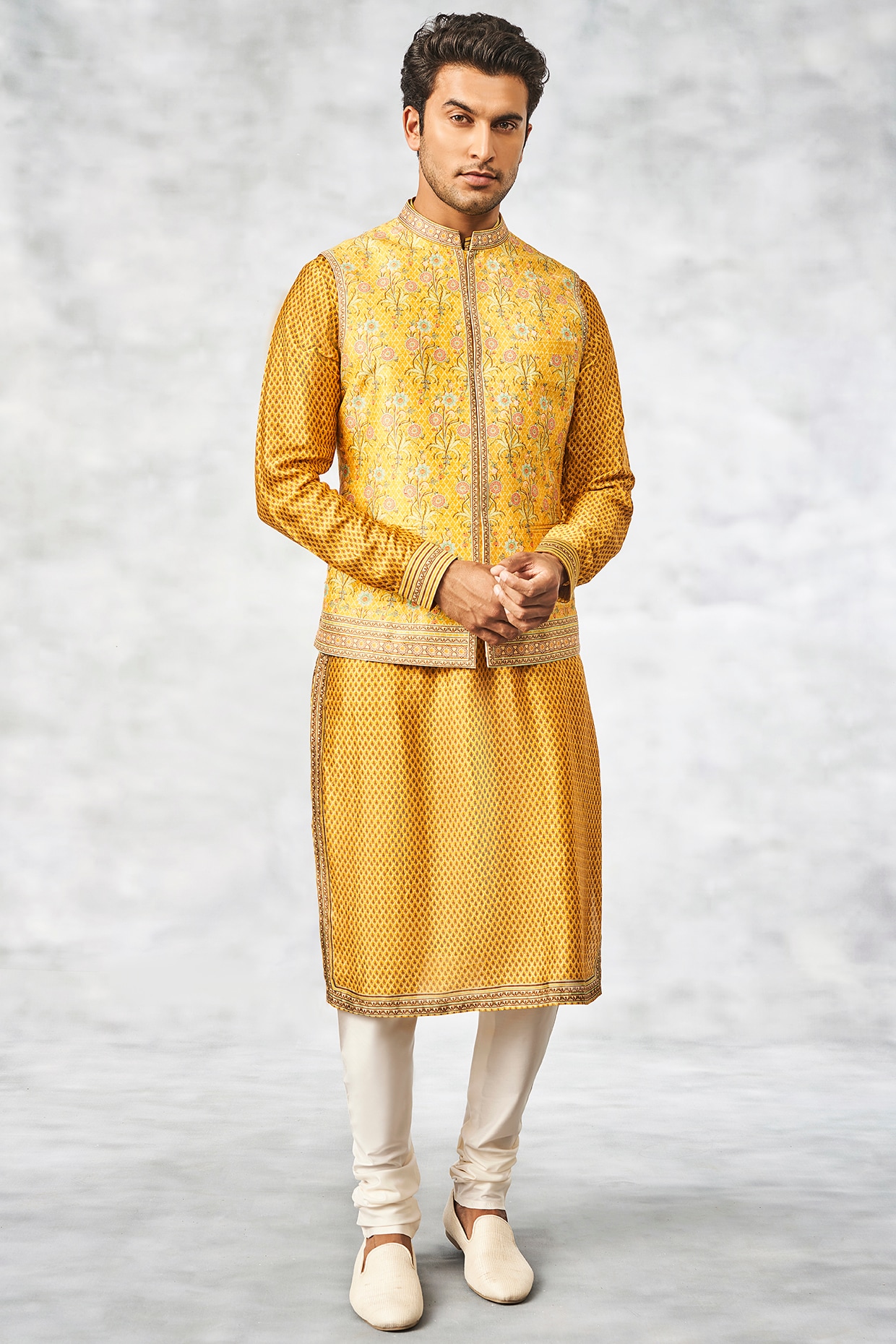 Mustard Kurta Set With Printed Bundi 