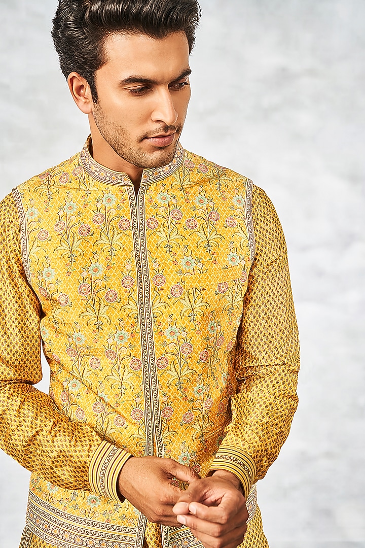 Mustard Kurta Set With Printed Bundi Jacket by Anita Dongre Men at Pernia's Pop Up Shop