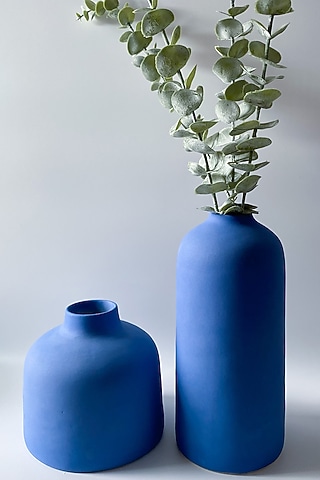 Blue Ceramic Matte Finished Vase (Set Of 2) by andneat