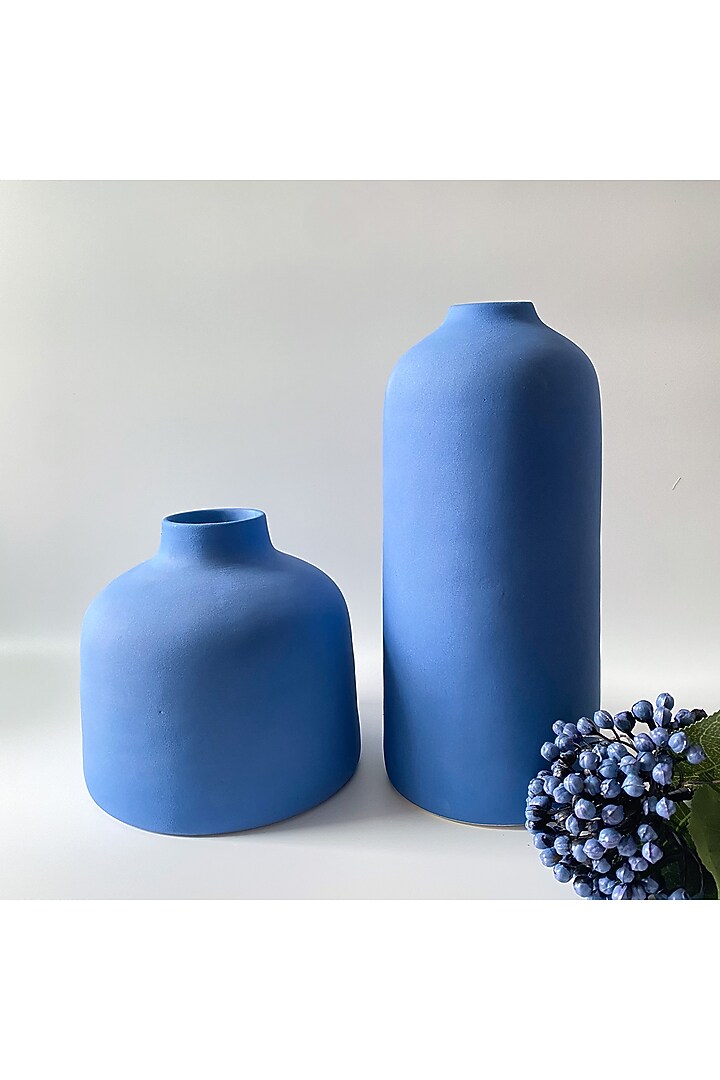 Blue Ceramic Matte Finished Vase (Set Of 2) by andneat at Pernia's Pop Up Shop