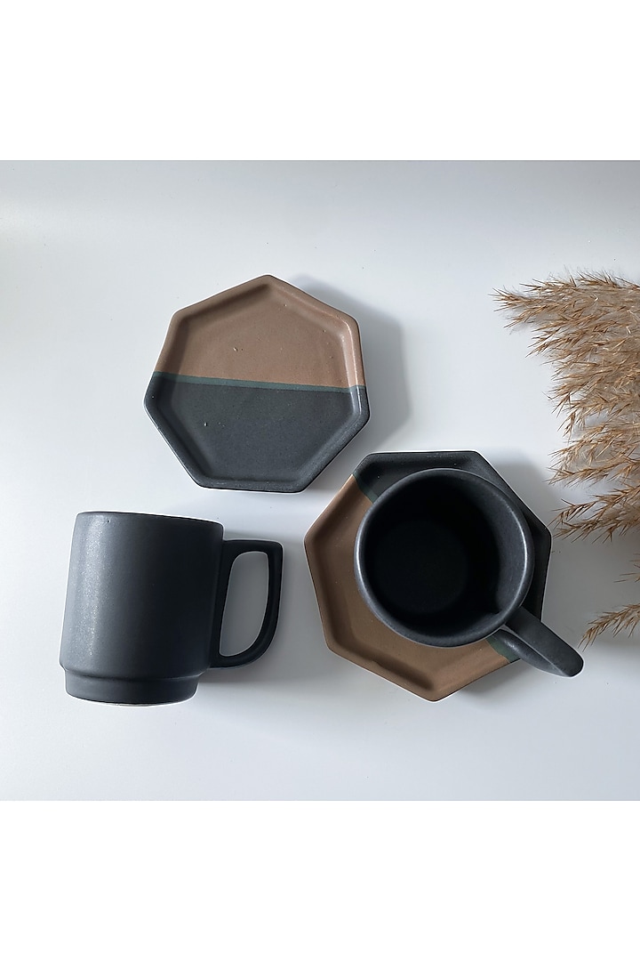 Black Ceramic Matte Finished Mugs & Coasters (Set Of 4) by andneat