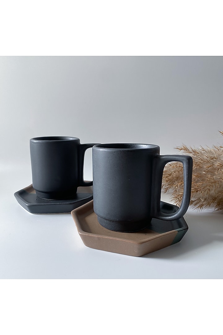 Black Ceramic Matte Finished Mugs & Coasters (Set Of 4) by andneat at Pernia's Pop Up Shop