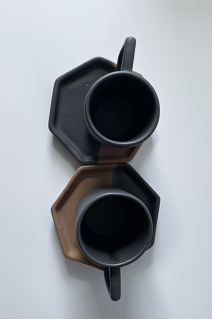 Black Ceramic Matte Finished Mugs & Coasters (Set Of 4) by andneat at Pernia's Pop Up Shop