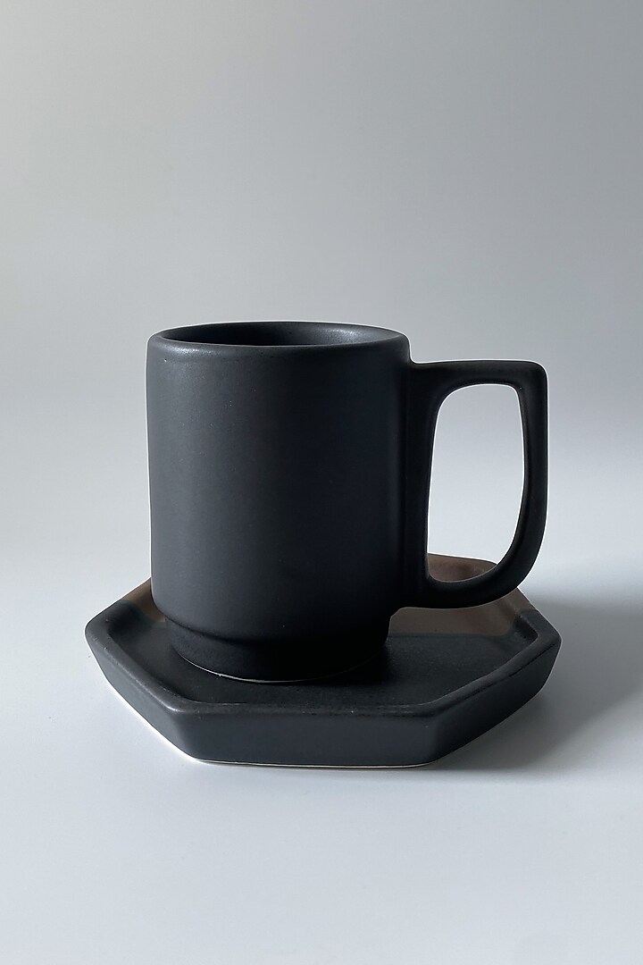 Black Ceramic Matte Finished Mugs & Coasters (Set Of 4) by andneat at Pernia's Pop Up Shop