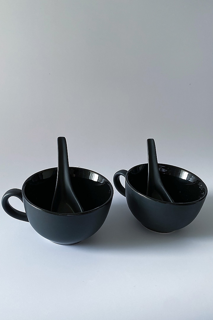 Black Ceramic Soup Cup & Spoon Set (Set of 4) by Andneat