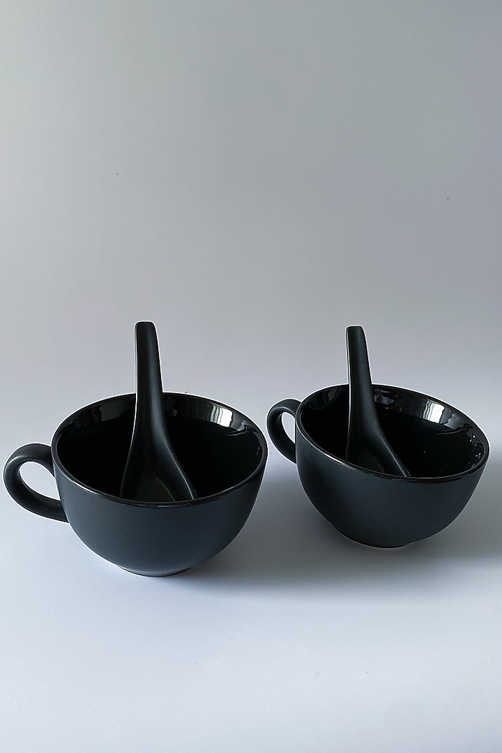Black Ceramic Soup Cup & Spoon Set (Set of 4) by Andneat at Pernia's Pop Up Shop