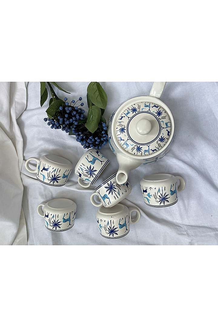 White & Blue Ceramic Tea Set by Andneat