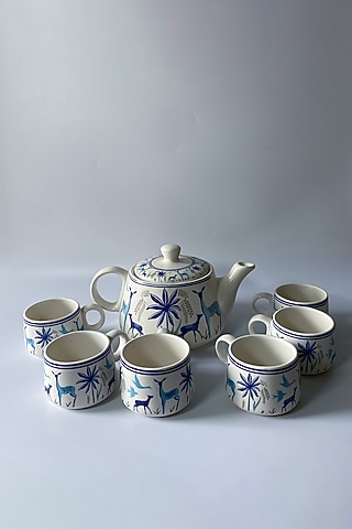 White & Blue Ceramic Tea Set by Andneat