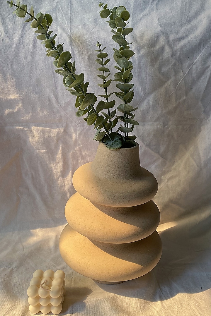 Beige Ceramic Hand Painted Spiral Vase by Andneat