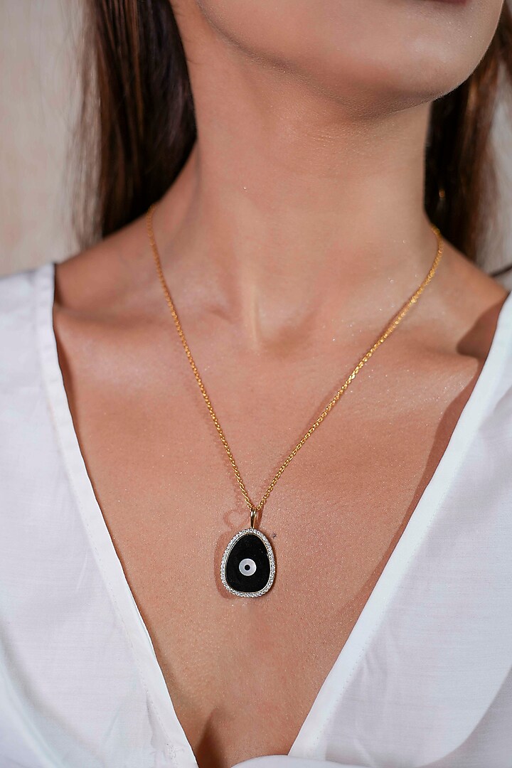 14Kt Yellow Gold Black Onyx & Diamond Evil Eye Pendant Necklace by ANGELZ at Pernia's Pop Up Shop