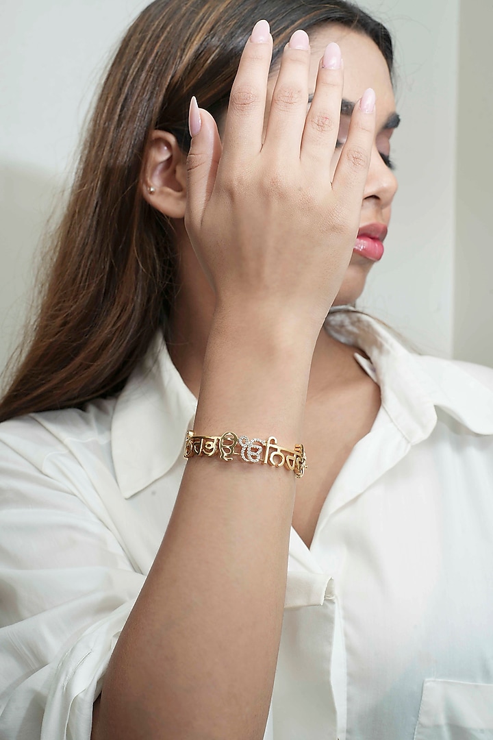 14Kt Yellow Gold Diamond Nirbhau Nirvair Openable Bracelet by ANGELZ at Pernia's Pop Up Shop