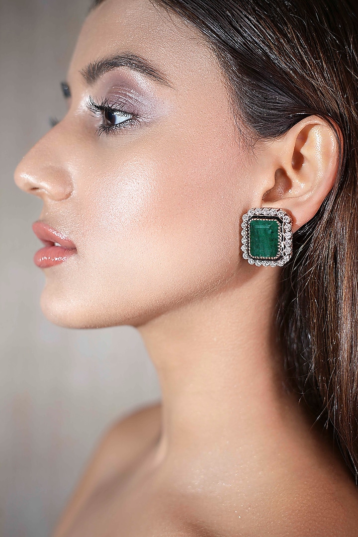 14Kt Yellow Gold Emerald & Diamond Stud Earrings by ANGELZ